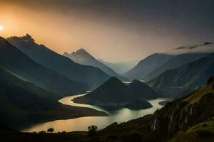 the sun sets over a lake in the mountains. AI-Generated photo