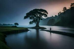 a lone tree stands in the middle of a river. AI-Generated photo