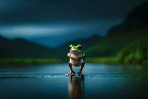 a frog standing on the edge of a lake. AI-Generated photo