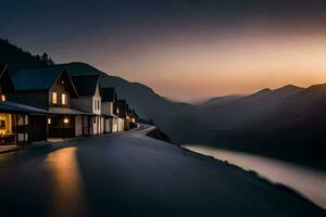 a long exposure photograph of houses on a mountain side. AI-Generated photo