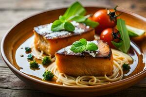 a plate of food with salmon and pasta. AI-Generated photo