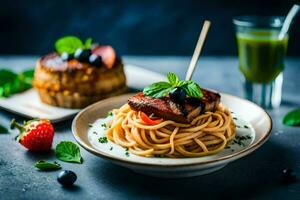 spaghetti with meat and vegetables in a bowl. AI-Generated photo