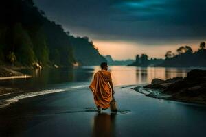 a monk walking along the river at sunset. AI-Generated photo