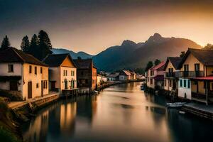 photo wallpaper the sky, mountains, water, houses, river, the sun, the mountains,. AI-Generated