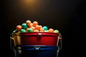 a bucket filled with colorful eggs. AI-Generated photo