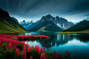 el lago es rodeado por rosado flores y montañas. generado por ai foto