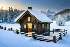 un pequeño cabina en el nieve. generado por ai foto