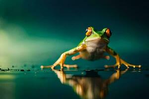 a frog is standing on a wet surface. AI-Generated photo