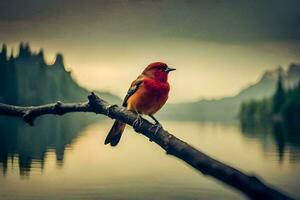 a red bird sits on a branch near a lake. AI-Generated photo