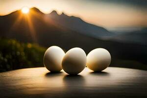 three eggs sit on a table in front of a mountain. AI-Generated photo