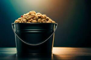 a bucket filled with nuts on a table. AI-Generated photo