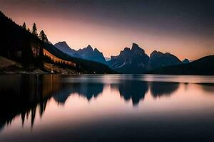 the mountains are reflected in the water at sunset. AI-Generated photo