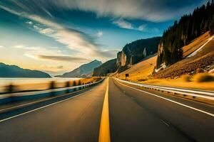 a long exposure photograph of a highway with mountains in the background. AI-Generated photo