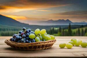 grapes in a basket on a wooden table with mountains in the background. AI-Generated photo