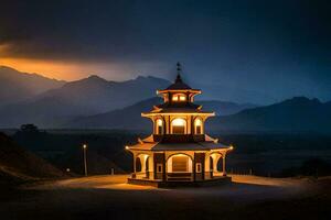 a pagoda in the mountains at night. AI-Generated photo