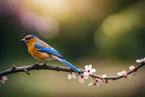 a blue and orange bird sits on a branch with flowers. AI-Generated photo