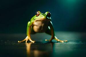 a frog is standing on its hind legs. AI-Generated photo