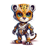 tecknad serie leopard robotar. t-shirt, klistermärke. rolig cyborg. ai genererad png