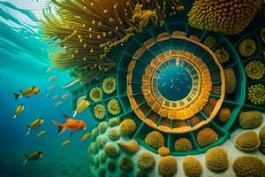 a colorful underwater scene with a circular structure. AI-Generated photo