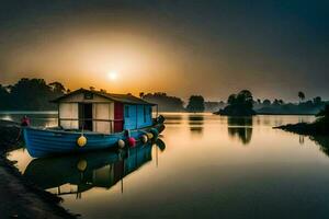 a boat sits on the water at sunset. AI-Generated photo