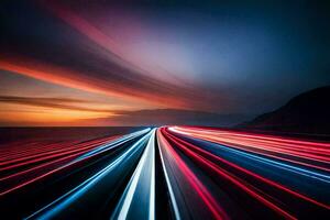 a long exposure photograph of a highway at sunset. AI-Generated photo