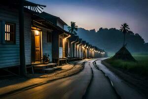 a long road leading to a row of wooden houses. AI-Generated photo