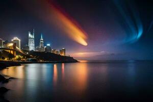 el ciudad horizonte es iluminado arriba a noche con vistoso luces. generado por ai foto