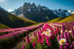 a field of wildflowers and mountains in the background. AI-Generated photo