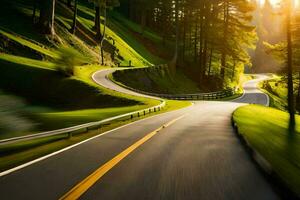 un devanado la carretera en el montañas con arboles y césped. generado por ai foto