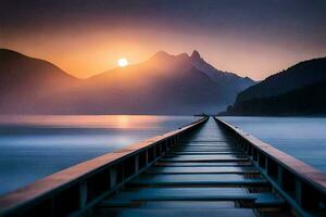 a long wooden pier leads to the ocean at sunset. AI-Generated photo