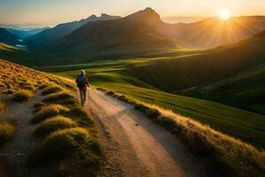 a person walking on a path in the mountains. AI-Generated photo