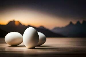 three eggs on a table with mountains in the background. AI-Generated photo