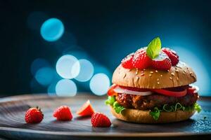 a hamburger with strawberries and a slice of cheese. AI-Generated photo