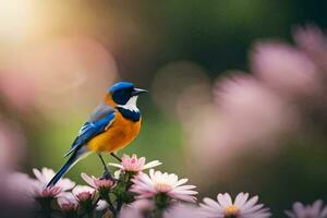 a blue and orange bird is perched on some flowers. AI-Generated photo