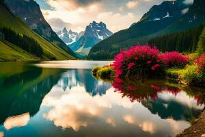 beautiful mountains and flowers are reflected in the water. AI-Generated photo