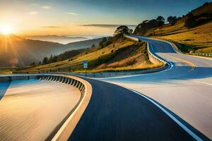 a winding road with the sun setting behind it. AI-Generated photo