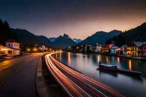 a river and houses in the mountains at night. AI-Generated photo