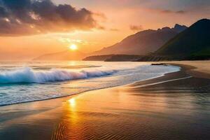 the sun rises over the ocean and mountains in this beautiful beach scene. AI-Generated photo