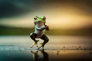 a frog is standing on its hind legs and holding its arms up. AI-Generated photo