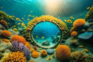 a circular window in the ocean with coral and other fish. AI-Generated photo