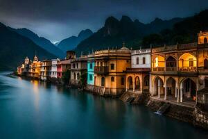 photo wallpaper the sky, mountains, river, house, the city, india, the city. AI-Generated