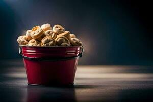 un Cubeta lleno con nueces en un oscuro antecedentes. generado por ai foto