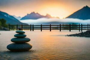 a stack of rocks in the sand at sunset. AI-Generated photo