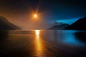 el Dom es brillante terminado un lago y montañas. generado por ai foto