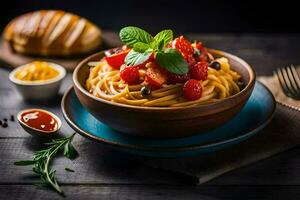 spaghetti with tomatoes and basil leaves in a bowl. AI-Generated photo