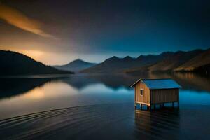 a small house sits on the edge of a lake at dusk. AI-Generated photo