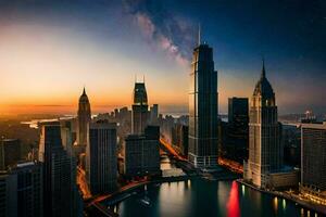 the chicago skyline at sunset. AI-Generated photo