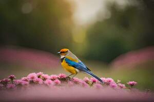 un azul y amarillo pájaro sentado en parte superior de rosado flores generado por ai foto