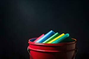 a red bucket filled with colorful pencils. AI-Generated photo