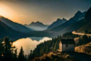 un pequeño cabina se sienta en el lado de un montaña con vista a un lago. generado por ai foto